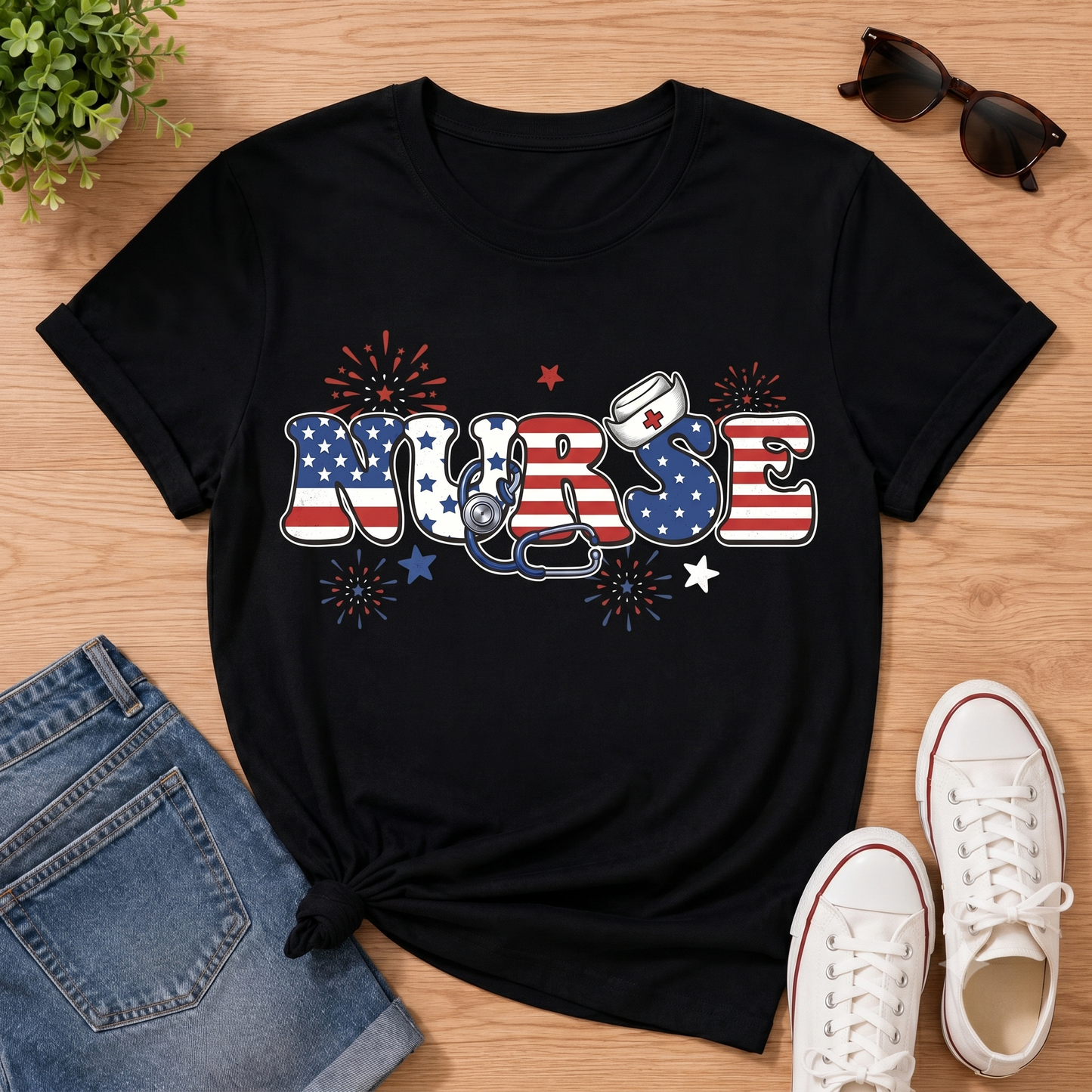 Patriotic Nurse Graphic Tee – 4th of July Celebration T-Shirt, America Day Tee
