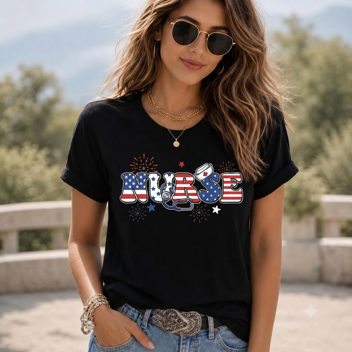 Patriotic Nurse Graphic Tee – 4th of July Celebration T-Shirt, America Day Tee